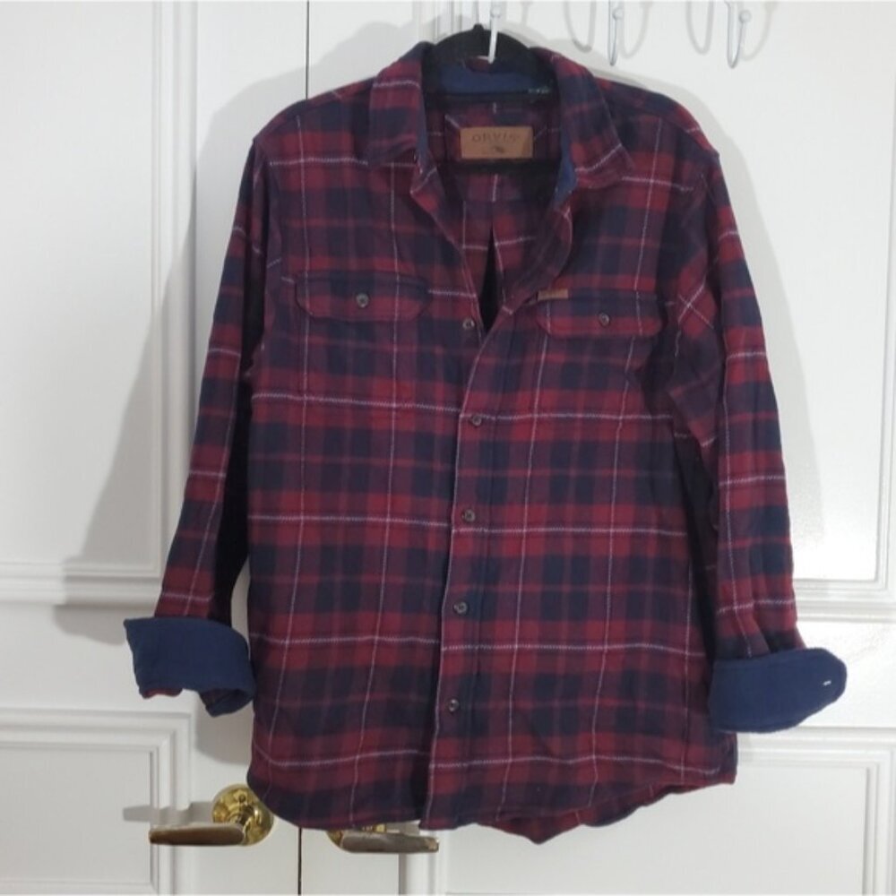 New ORVIS Thick Burgundy + Blue Premium Plaid Flannel Over Shirt - Picture 13 of 15